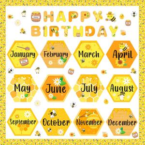 Kosiz 63 Pcs Bee Themed Birthday Bulletin Board Sets Paper Cutouts with Glue Point Birthday Classroom Bulletin Board Display Bee Theme Birthday Chart Wall Decor for School