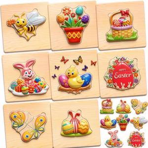 8pcs Easter Basket Stuffers Fillers for Toddler Party Favors, Easter Puzzles for Toddlers 3-5, Wooden Puzzles Gifts Toys for Kids Boys Girls Baby, Classroom Exchange Gifts Rabbits Eggs Puzzle