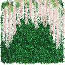 54 Pack Greenery Backdrop with Flowers Include 18 Pcs 16" x 24" Grass Wall Panels Artificial Hedge Boxwood Panels 36 Pcs 3.6 Feet Wisteria Hanging Flowers Garland for Wedding Summer(Light Pink)
