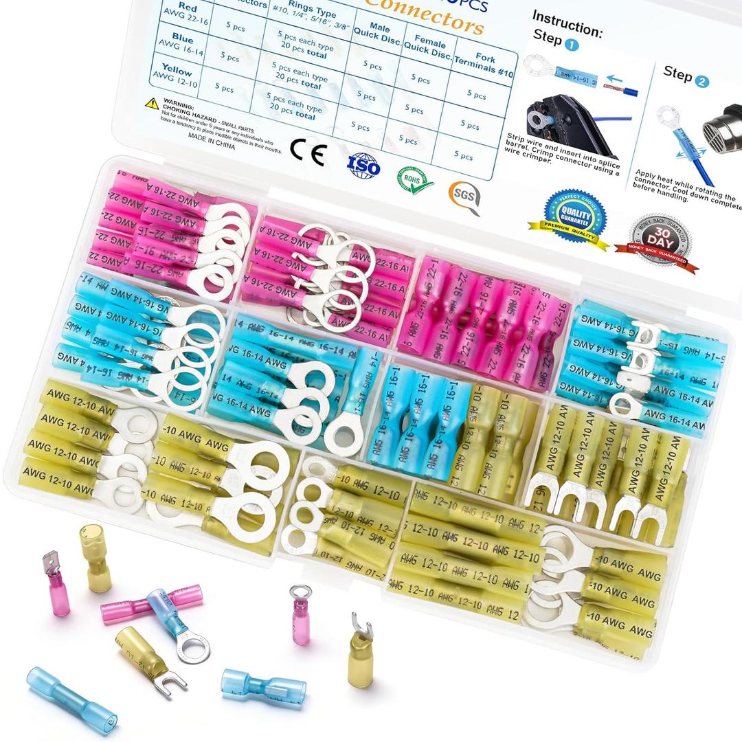 TICONN 120Pcs Heat Shrink Wire Connectors, Waterproof Automotive Marine Electrical Terminals Kit, Crimp Connector Assortment, Ring Fork Spade Butt Splices