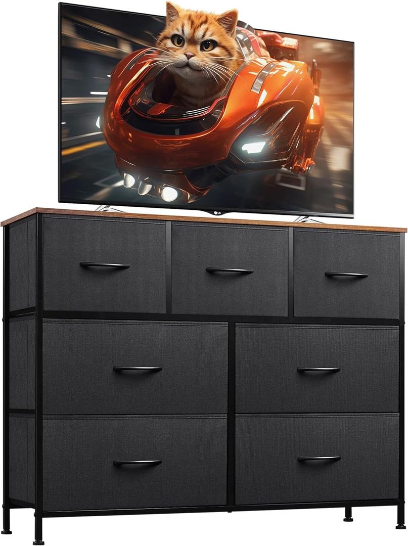 WLIVE 7 Drawer Dresser TV Stand, Entertainment Center, Media Console Table with Metal Frame and Wood Top for TV up to 45 inch, Chest of Drawers for Bedroom, Living Room, Black and Rustic Brown