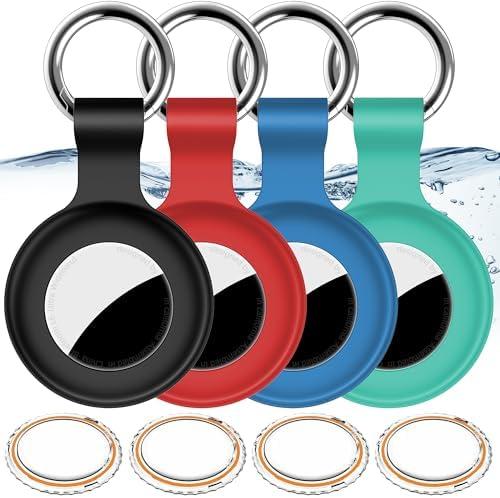 4Pack,Compatible with Airtag Holder Case with Keychain IPX8 Waterproof,Shockproof GPS Tag Tracker Cover [Anti-Scratch] [PC+Silicone] for Item Finders Case for Pets,Kids,Luggages-Black/Blue/Green/Red