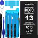 16000mAh Super Capacity Battery Compatible with iPhone 13, 0 Cycle Li-Polymer Replacement Battery for iPhone 13, with Professional Repair Tool Kit (13-16000)
