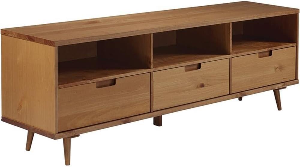 Walker Edison Millie Mid Century Modern 3 Drawer Solid Wood Low TV Stand for TVs up to 80 Inches 70 Inch Caramel
