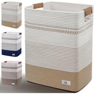 Laundry Hamper Large Laundry Basket with Leather Handles, Decorative Storage Cotton Rope Woven Basket for Blankets, Clothes Hamper for Living Room, Jute & White, 85L