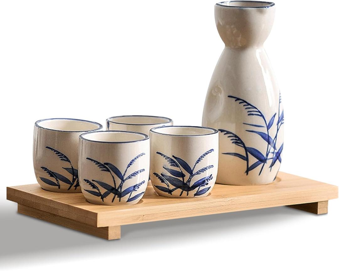 Ceramic Sake Set, 5pcs Japanese Saki Set with 1 Sake Carafe 4 Sake Cups, Saki Cup Set as Gift for Sake Japanese /Hanzo Sake/Soju/Sake Drink/Saki Drink/Tea (Inaho)