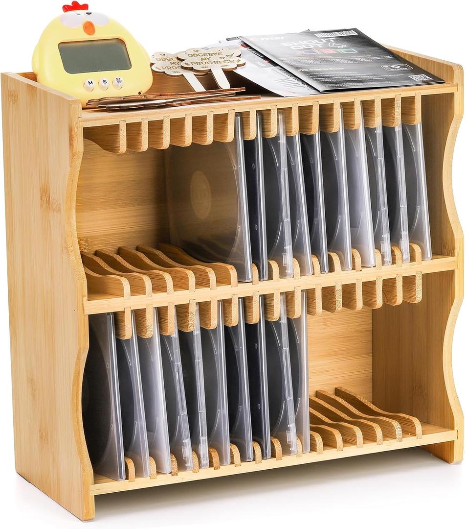 Lyellfe CD Holder Rack, Bamboo CD Rack Organizer with Rubber Feet, DVD Display Shelf for Movie Cases, DVDs, Cassette Tape, Holds up to 32 CD Cases