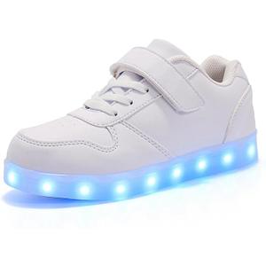 Kids LED Lights Up Shoes USB Charging Luminous Trainers 7 Colors Flashing Lace Up Sneakers Sport Running Shoes/Unisex Boys Girls Children Birthday Gifts, White