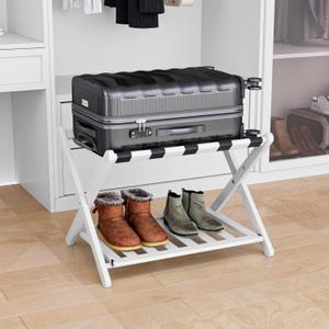 Fully Assembled White Bamboo Luggage Rack, 5 Straps Folding Suitcase Stand with Shoe Shelf, Heavy Duty Wood Large Luggage Holders for Guest Room, Bedroom, Hotel