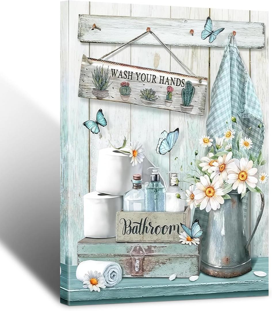 Asunygirl Bathroom Blue Wall Art Wash Your Hands Daisy Butterfly 16x24 Inch