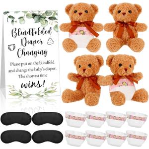 17 Pcs Bear Blindfolded Diaper Changing Baby Shower Games Include 12 Inch Bear Blindfold Diapers Introduction Sign for Adults Gender Reveal Games Party Prizes Gifts (Greenery)