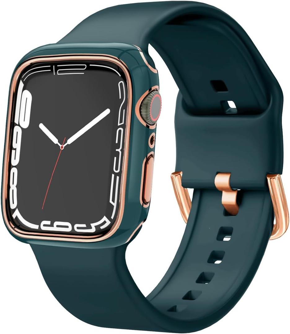 Sport Band and Bumper Case Compatible with Apple Watch 40mm 38mm 41mm 42mm 44mm 45mm 46mm Women, Soft Silicone Straps and Rose Gold Edge Protector Frame for iWatch Series 11 10 9 8 7 6 5 4 3 2 1 SE (Deep Green)