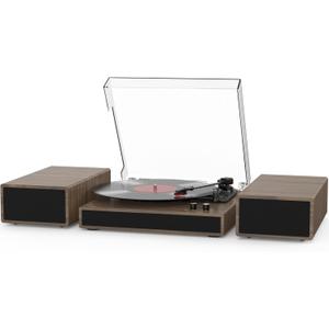Vinyl Record Player with Dual Stereo Bookshelf Speakers Vintage Turntable with Bluetooth Wireless Playback Belt Drive 3-Speed Playback Record Player Support RCA Out Auto Stop (Wooden)