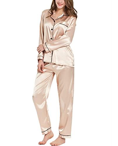 SWOMOG Womens Silk Satin Pajamas Long Sleeve Loungewear Two-piece Sleepwear Button-Down Pj Set Champagne, XL