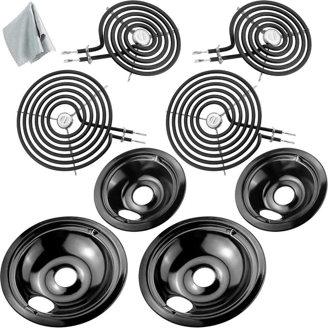 WB31M20 WB31M19 Porcelain Drip Pans and WB30M1 WB30M2 Electric Stove Burners Replacement for G*E Hot*Point Stove Top, Include 4 Pack Black Drip Pans and 4 Pack Electric Stove Element by Fetechmate