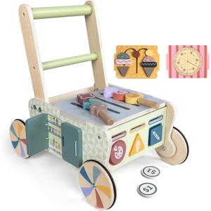 Baby Walker with Wheels Wooden Push Walker 12 Months+ Toddler Walking Toy Adjustable Speed Multiple Learning Sensory Activity Center Baby Learning to Walk Montessori Toys for 1 Year Old Girl/Boy Gift