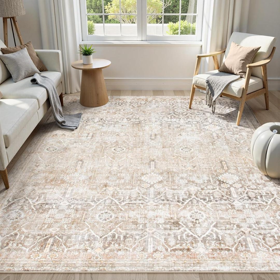 Collive Washable Area Rug 8x10, Neutral Boho Rugs for Living Room Rugs 8x10 Non Slip Farmhouse Modern Bedroom Carpet Stain Resistant Aesthetic Print Accent Floor Mat for Dining Guest Office - Beige (8' x 10')