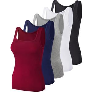 BQTQ 5 Pack Women's Tank Tops Square Neck Sleeveless Ladies Tank Top Undershirts (XX-Large, Black, White, Gray, Darkrednavy)