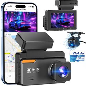 Dash Cam Front and Rear, 4K/2K Dashcams for Cars, Camera for Car with Free 64GB Card, Built-in WiFi GPS, ADAS, Night Vision, Loop Recording, Emergency Lock, 170Wide Angle, 24H Parking Mode