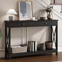 Treocho 47" Farmhouse Console Table with Drawer and Storage Shelves, Foyer Sofa Table Narrow for Entryway, Living Room, Hallway, Black, 47"w*11.82"d*30.92" H