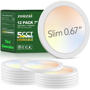 zouzai 7 Inch LED Flush Mount Ceiling Light, Low Profile Flat Round, 15W 1510LM, 5CCT (2700K-6000K), Dimmable, Modern Light Fixtures for Bedroom, Hallway, Kitchen, Closet, Basement, (White,12Pack)