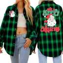 Christmas Plaid Blouses Women Xmas Santa Long Sleeve Shirt Checked Cute Christmas Collared Button Down Tops, Size L