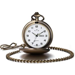 BOSHIYA Smooth Quartz Pocket Watches for Men Classic Arabic Digital Luminous Dial & Day Date Pocket Watch with Chain Christmas Graduation Birthday Gifts