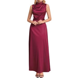 Women Satin Formal Long Dress Elegant Mock Neck Ruched Cocktail Wedding Guest Party Maxi Dress with Belt (Red, L)