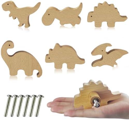 Zaruatu 5 Pcs Wooden Animal Cabinet Knobs with Screws Decorative Wardrobe Knobs Natural Wood Cute Animal Furniture Suitable for Nursery Drawer Handles Decor Cabinets Furniture (Dinosaur)