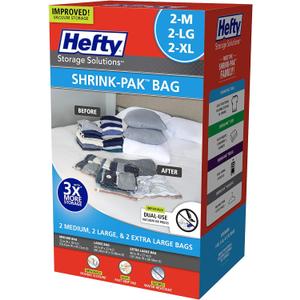 Hefty Shrink-Pak - 2 Medium, 2 Large, 2 XL Vacuum Seal Storage Bags Space Saver Bags for Clothing, Pillows, Towels, or Blankets, 6 Pc Set