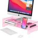 Pink Acrylic Monitor Stand Riser, 2-Tier computer stand with Storage, clear monitor stand for desk Suitable for laptops, printers, TVdesk organization With phone holder