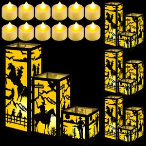 Rossesay 12 Pcs Western Cowboy Centerpieces for Table 3 Size Wild West Cowboy Paper Lantern Boxes Table Ideas Decorations for Western Cowgirl Rodeo Themed Party Decor Birthday Supplies Decorations (Lantern: Black, Light: Yellow)