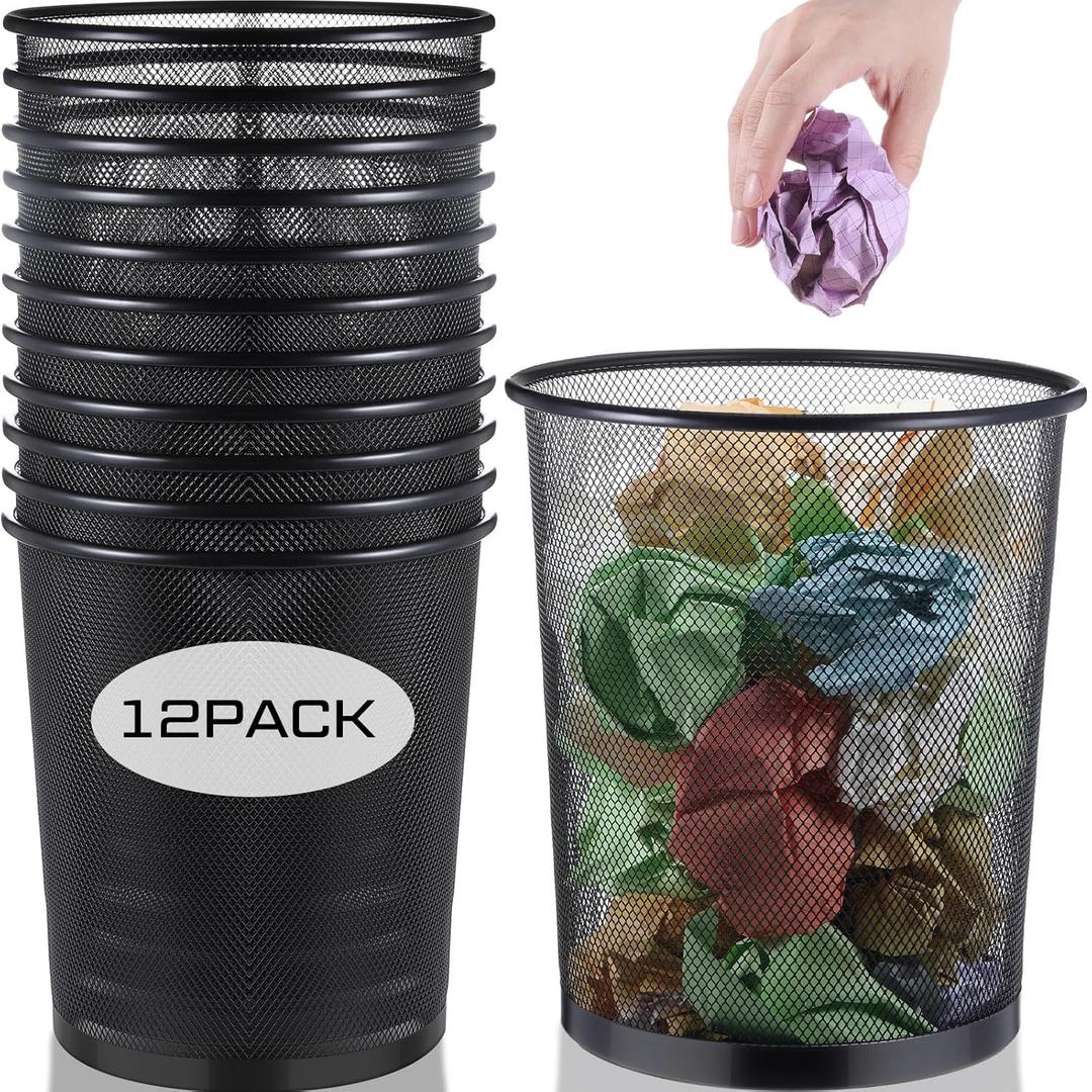 Hushee 12 Pcs Metal Mesh Trash Can Wire Waste Paper Basket Trash Bin Garbage Can for Office Under Desk, Kitchen, Bedroom, Den, Dorm Room, Toilet(Black,12 Pcs)