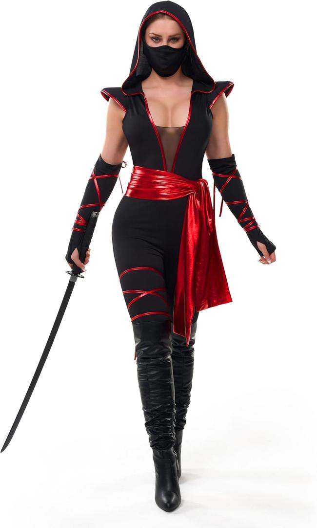 Spooktacular Creations 6 Pcs Halloween Ninja Costume for Women with Ninja Mask for Adult Halloween Costume Party (M)
