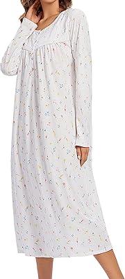  Long Cotton Nightgown Women's Long Sleeve Sleepwear Pleated Floral House Dress Soft Comfy Night Dress for Ladies, Size L
