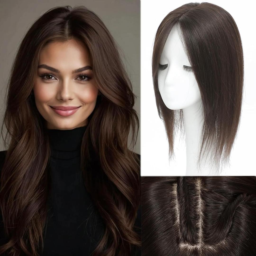 Rootoo Hair Toppers for Women Real Human Hair, 14 Inch Realistic Biological Scalp Topper Hair Pieces for Women with Thinning Hair, Clip in Curtain Bangs Big Base 360° Cover (Dark Brown, 16 Inch)