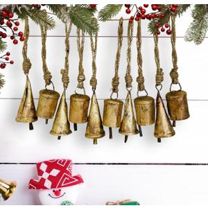 Mie Creations Set of 10 Rustic Vintage Christmas Bells, Tin Bells on Jute Rope, Decorative 2.5in Jingle Bells for Crafts, Christmas Tree Ornaments, Handmade Metal Hanging mini Cowbells- Antique Gold
