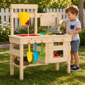 Kids Wooden Mud Kitchen Outdoor Playset, Solid Wood Backyard Pretend Kitchen with Working Faucet, Sink, Cutting Board, Planting Cups, Toy Cookware, Magnetic Cabinet Door and Storage Shelf