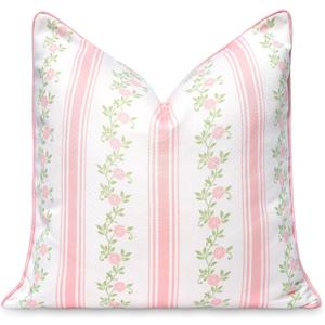 Hofdeco Premium Coastal Patio Indoor Outdoor Throw Pillow Cover Only, 20"x20" Water Repellent for Backyard, Couch, Blush Pink Print Stripe Floral