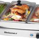Elite Gourmet EWM-9933 Triple 3 x 2.5 Quart Trays Buffet Server 7.5 Qt Oven Safe Pan Food Warmer, Temperature Control, Clear Slotted Lids, Perfect for Parties, Entertaining & Holidays, Stainless Steel