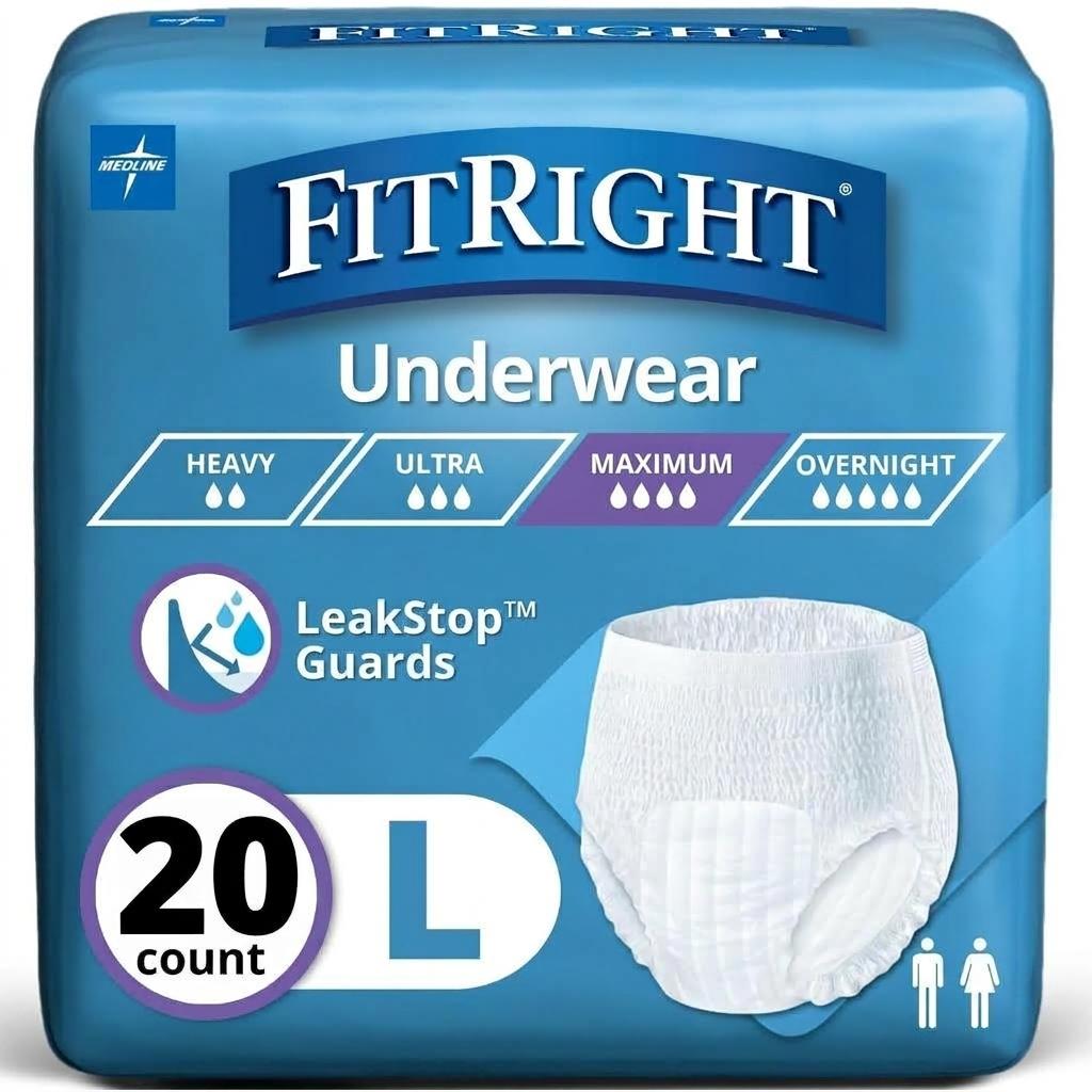 FitRight Super Adult Incontinence Underwear, Maximum Absorbency, Large, 40"-56", Packs of 20 (White, L)