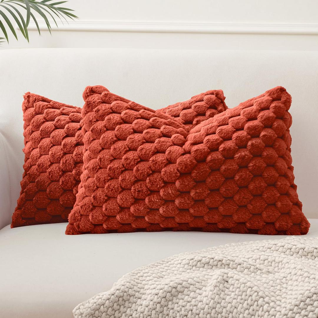 MIULEE Fall Rust Faux Fur Lumbar Decorative Throw Pillow Covers 16x16 Inch Set of 2 Super Soft Cozy Plush Cushion Cases Luxury Fluffy Pillowcases for Sofa Couch Bed Living Room