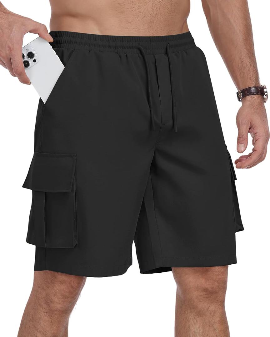 Mens Cargo Shorts Elastic Waist Drawstring Hiking Shorts for Men Stretch Casual Short with 5 Pockets (3X-Large, Black)