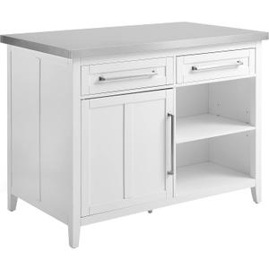 Crosley Furniture Silvia Stainless Steel Top Kitchen Island, Microwave Stand, Coffee Bar, with Shelves, White
