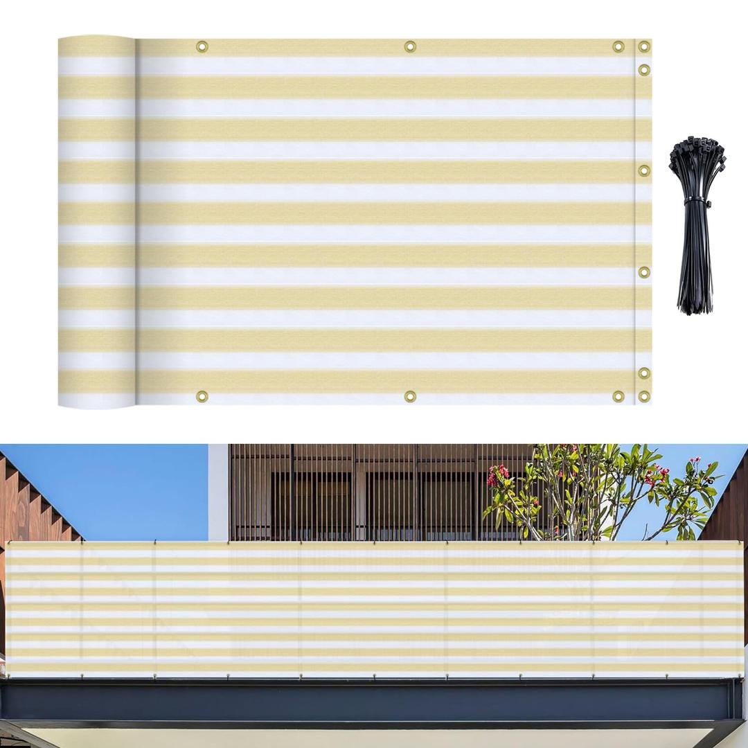 Bynbbur 3' x 12' Balcony Privacy Screen Apartment Deck Railing Fence Panels Outside, UV Block Shade Cloth with Grommets, Mesh Fencing Cover for Patio Backyard Porch, Beige and White Stripe
