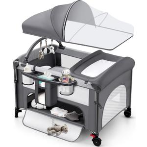 4 in 1 Baby Bassinet Bedside Crib with One-Hand Setup & Waterproof Mattress ASTM-Certified Pack and Play, Portable Foldable Playard with Diaper Changer for Newborn to Toddler (Grey)