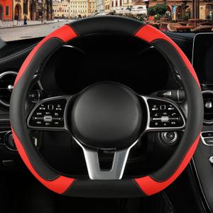 Microfiber Leather D Shaped Steering Wheel Cover, Breathable, Anti Slip, Universal 15 inch, Black with Red