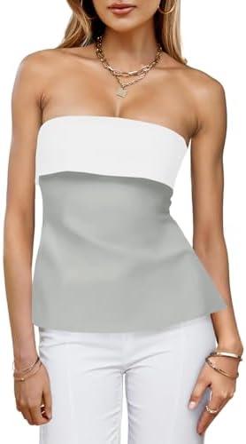 Imily Bela Womens Strapless Tube Tops 2025 Trendy Sexy Backless Going Out Bandeau Top Side Split Summer Color Block Outfits, S