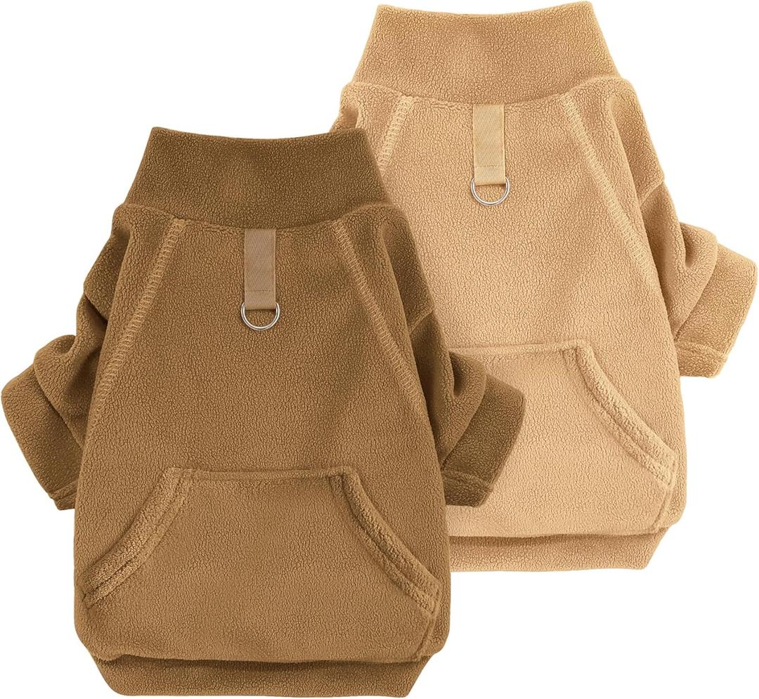 Idepet Fleece Dog Sweater 2 Pack, Winter Pet Clothes Turtleneck Sweatshirt with Leash Ring, Stretchy Small Dog & Cat Coat with Pocket (Khaki+Brown, X-Small)
