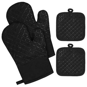 AUAUY Oven Mitts and Pot Holders 4PCS Set, 230°C/446°F Heat Resistant BBQ Gloves, Extra Thicken Long Cotton Oven Mittens, Silicone Stripes Non-Slip Kitchen Mittens for Cooking Baking Grilling
